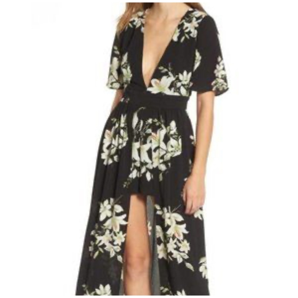 Floral Plunge V-Neck Black Maxi Dress